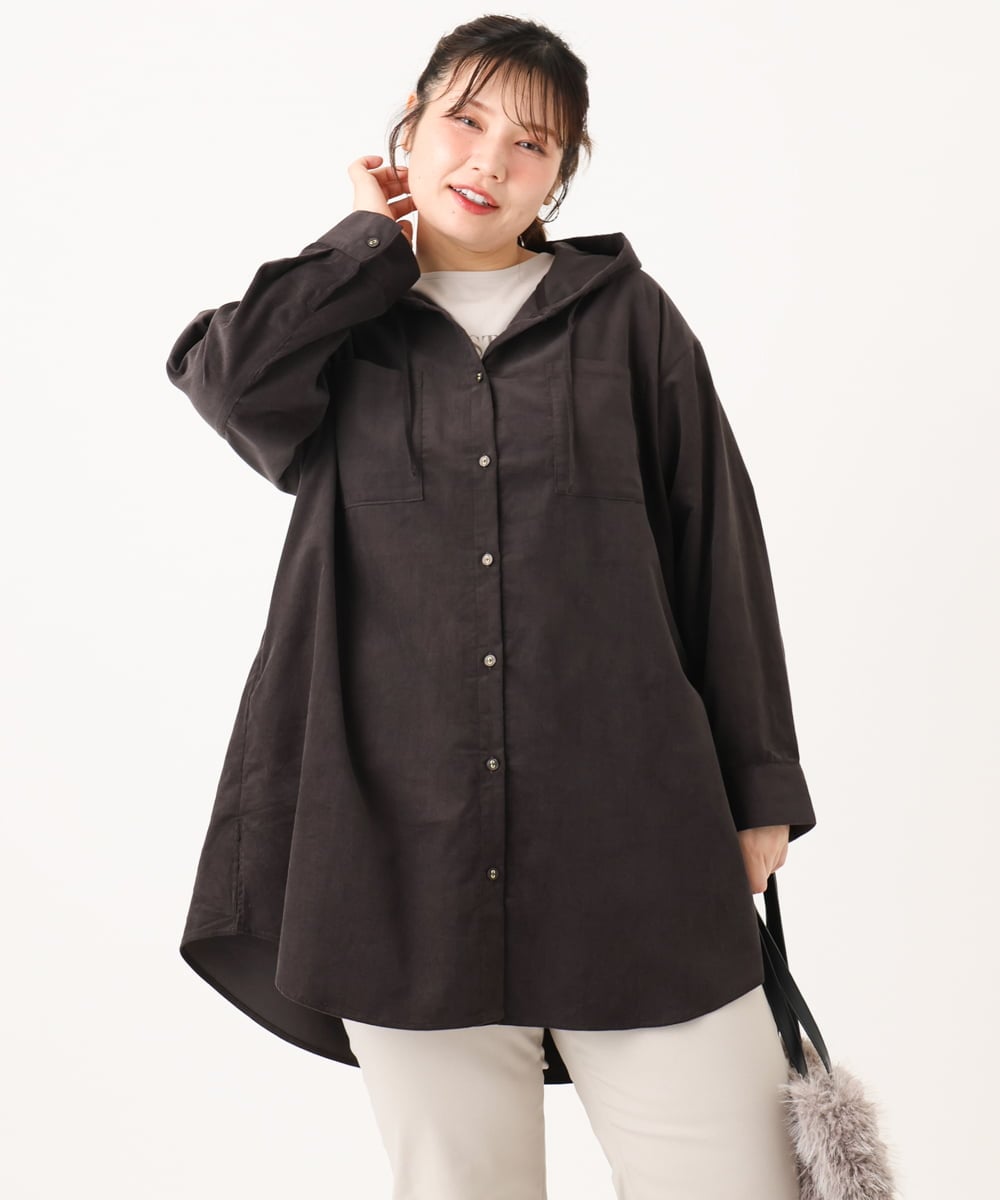 OLELA07129 eur3(エウルキューブ) 【大きいサイズ】コーデュロイフーディーシャツチュニック ダークグレー(93)