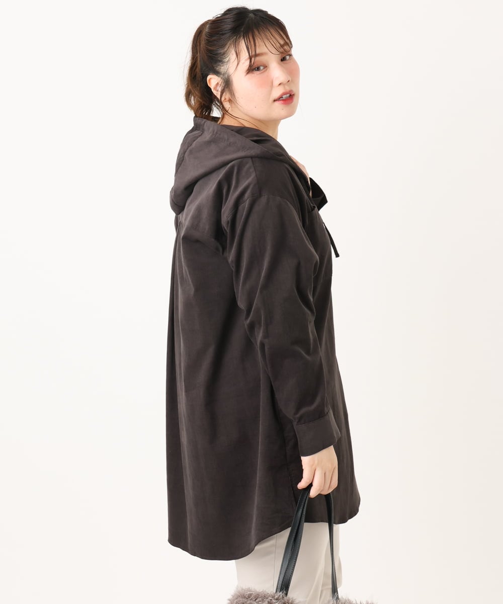 OLELA07129 eur3(エウルキューブ) 【大きいサイズ】コーデュロイフーディーシャツチュニック ダークグレー(93)