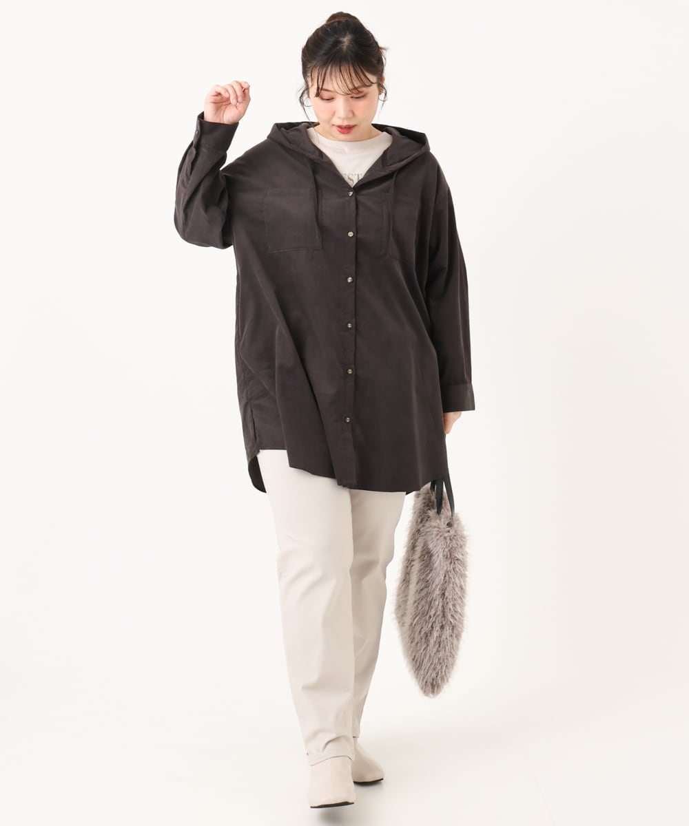 OLELA07129 eur3(エウルキューブ) 【大きいサイズ】コーデュロイフーディーシャツチュニック ダークグレー(93)