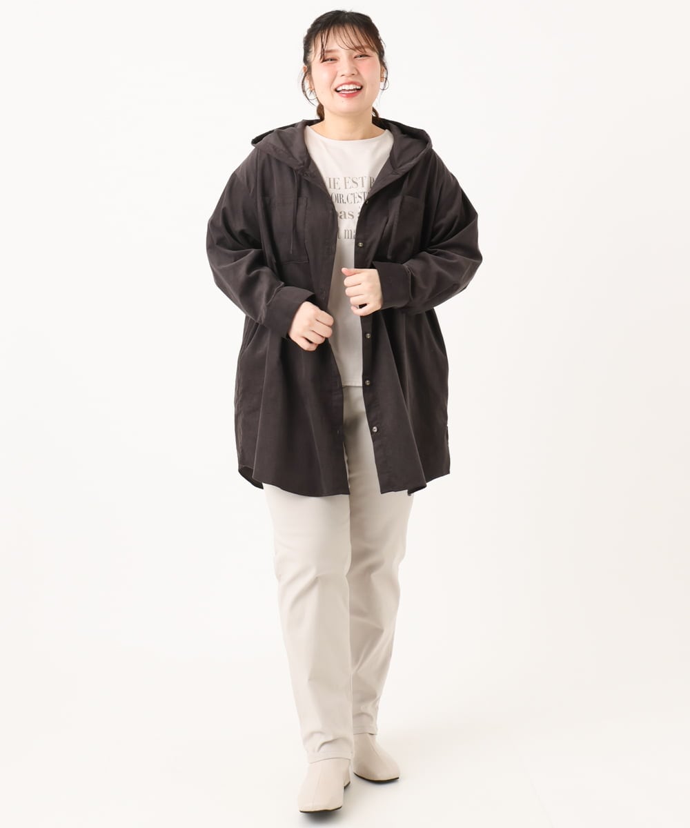 OLELA07129 eur3(エウルキューブ) 【大きいサイズ】コーデュロイフーディーシャツチュニック ダークグレー(93)