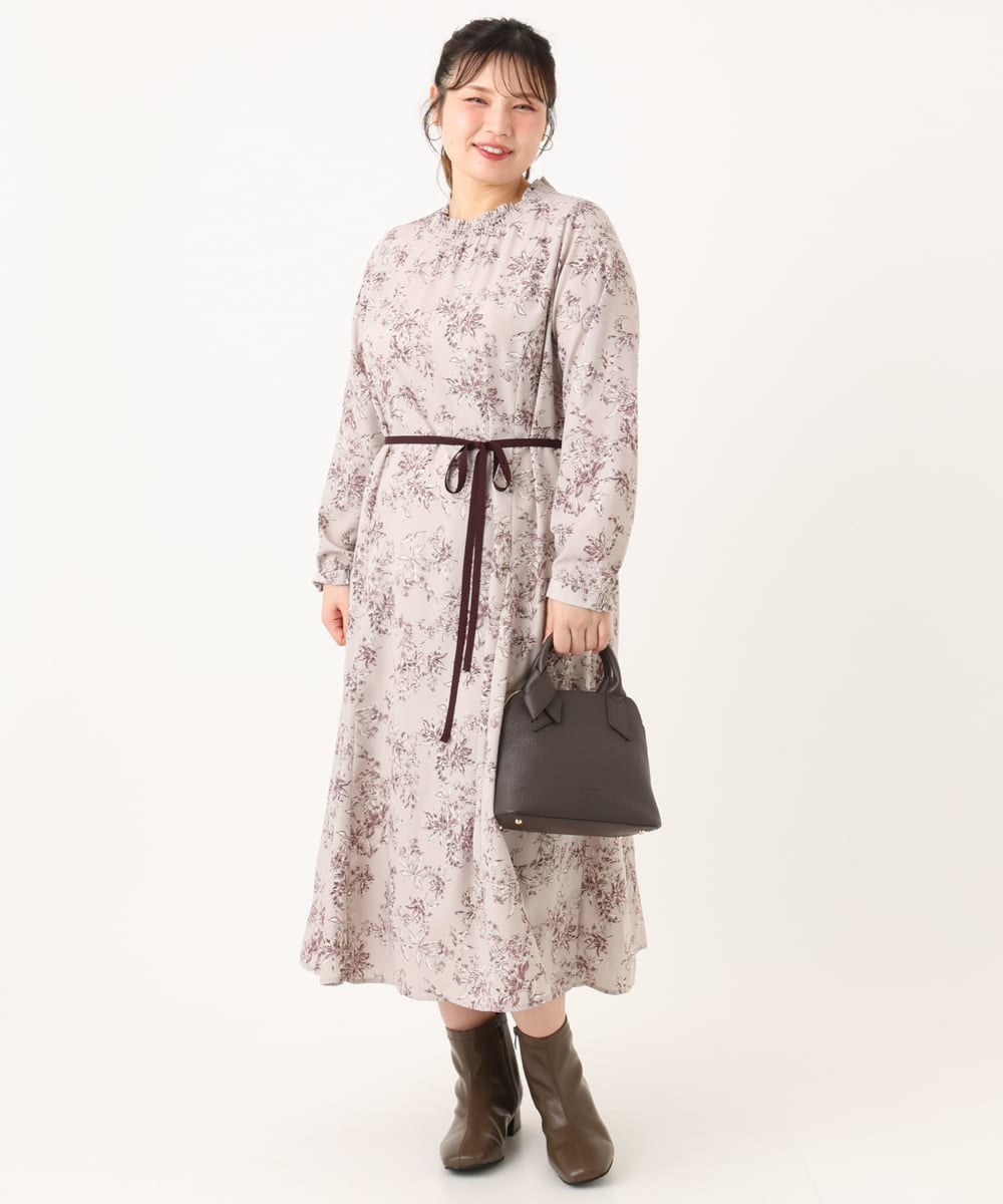 OLELA09139 eur3(エウルキューブ) 【WEB先行販売】【大きいサイズ】プリント花柄ワンピース ライトグレー(91)