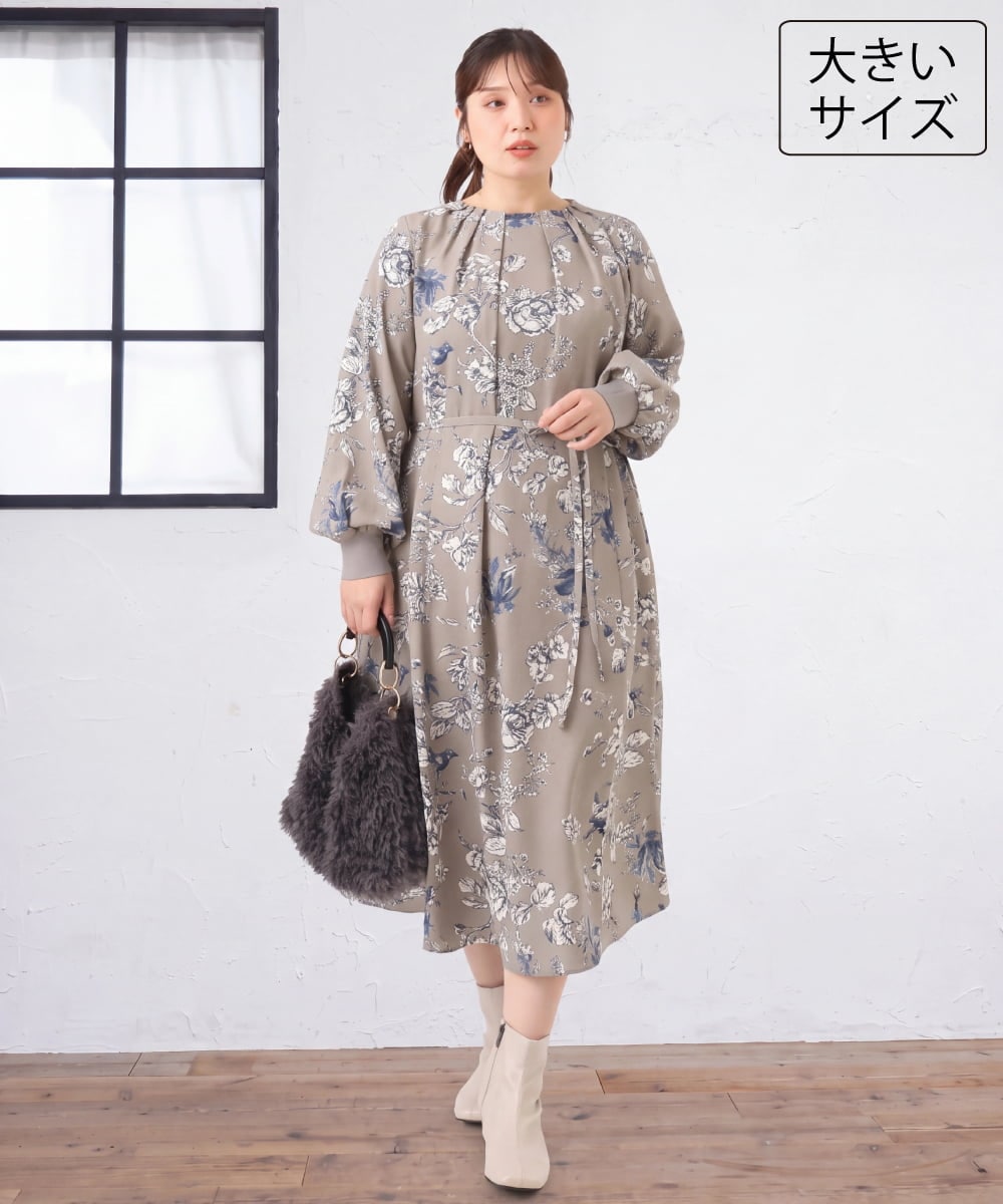 OLELD08129 eur3(エウルキューブ) 【WEB先行販売】【大きいサイズ】ボタニカルフラワープリントワンピース グレー
