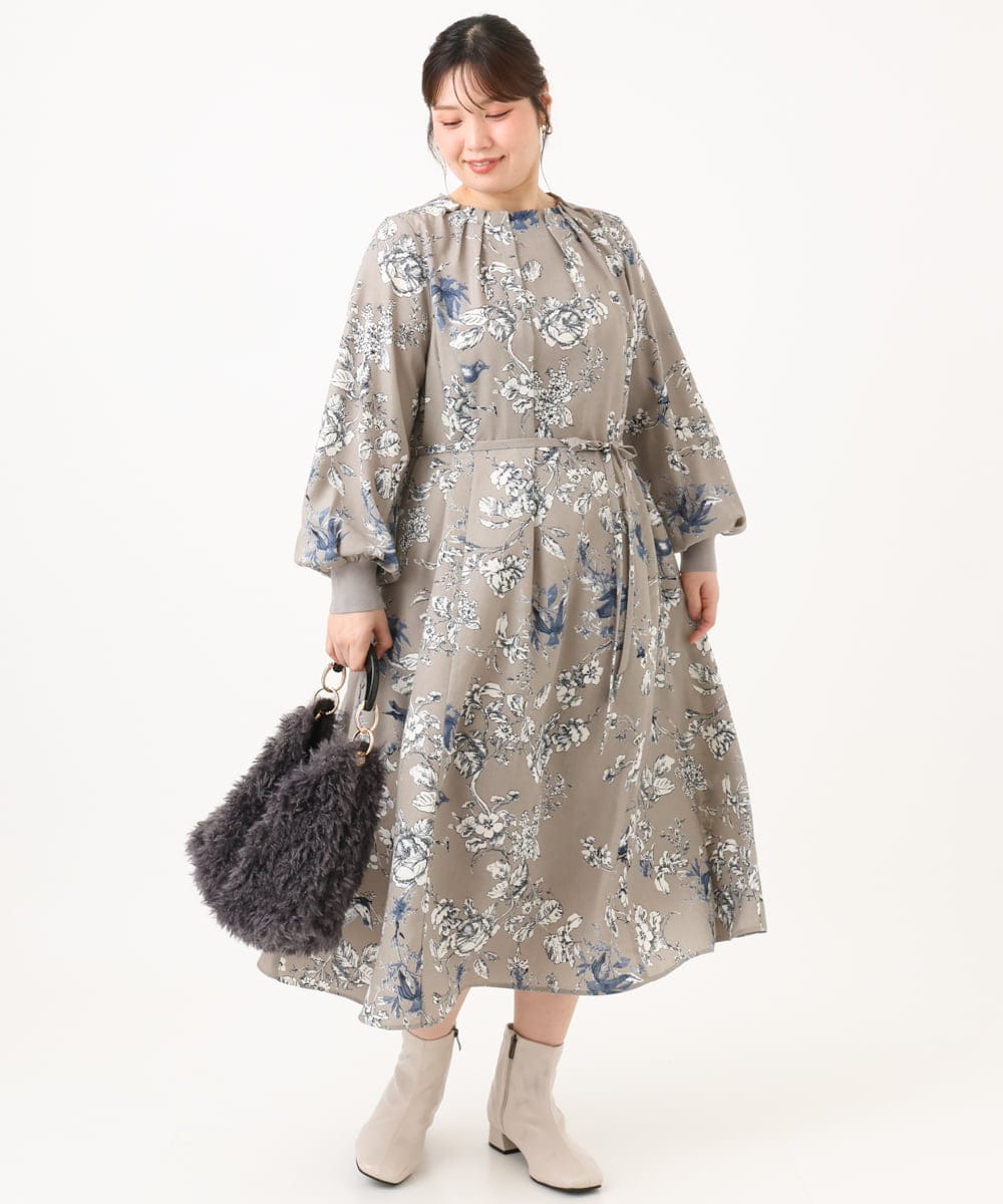 OLELD08129 eur3(エウルキューブ) 【WEB先行販売】【大きいサイズ】ボタニカルフラワープリントワンピース グレー