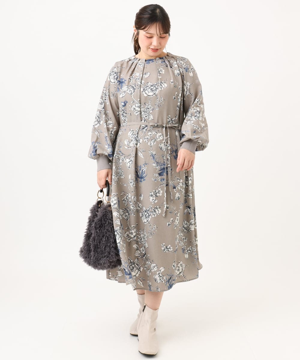 OLELD08129 eur3(エウルキューブ) 【WEB先行販売】【大きいサイズ】ボタニカルフラワープリントワンピース グレー