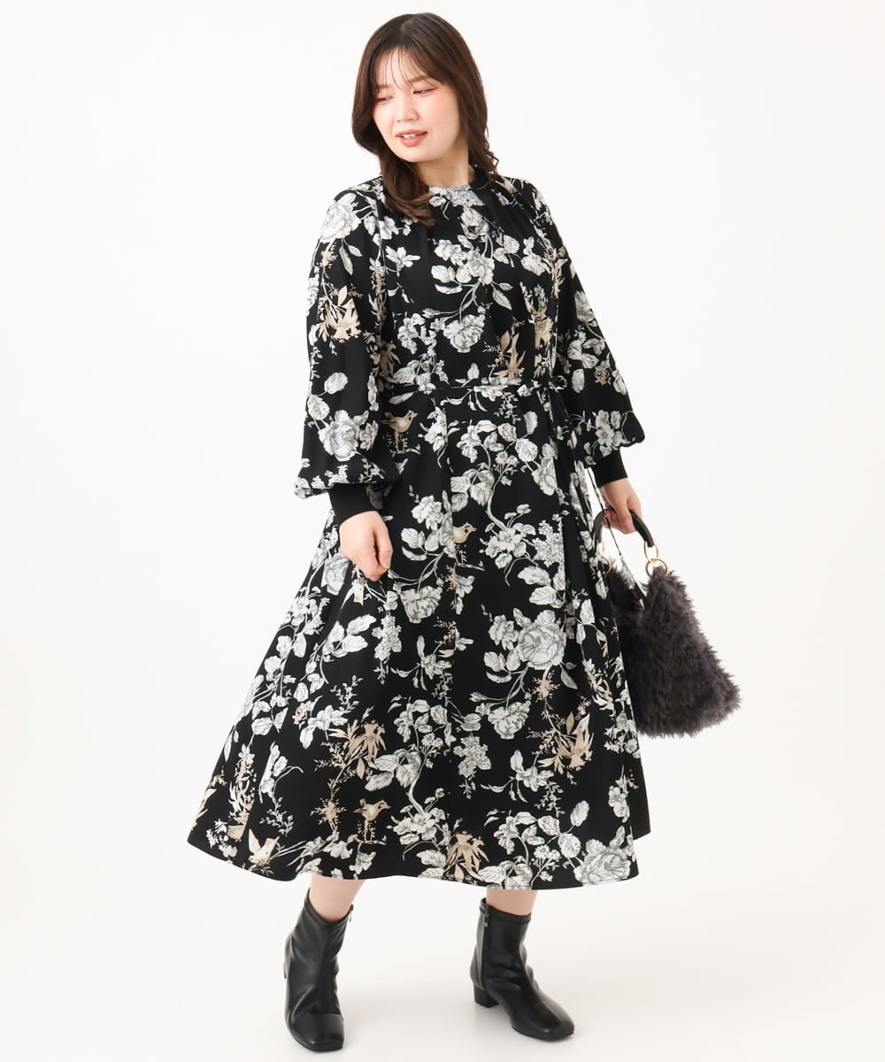 OLELD08129 eur3(エウルキューブ) 【WEB先行販売】【大きいサイズ】ボタニカルフラワープリントワンピース ブラック