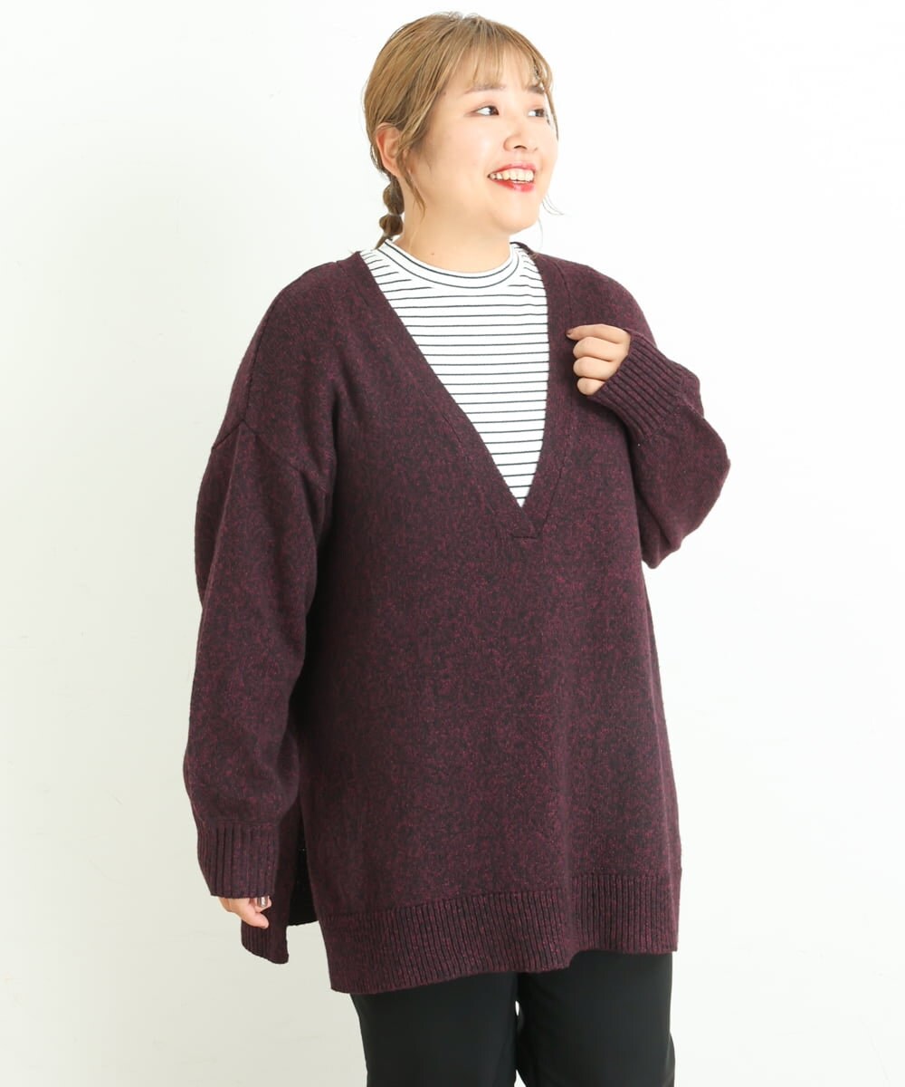 OLELP20090 eur3(エウルキューブ) 【大きいサイズ】深Vネックニットチュニック ワイン(77)