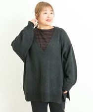 OLELP20090 eur3(エウルキューブ) 【大きいサイズ】深Vネックニットチュニック ブラック(94)(WEB限定カラー)