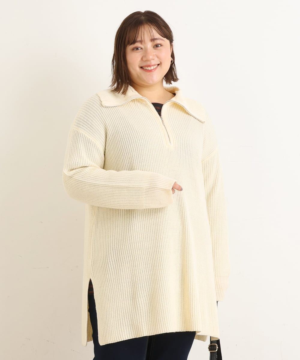 OLELP21080 eur3(エウルキューブ) 【大きいサイズ/11号サイズあり】ジッププルオーバーニットチュニック アイボリー(80)