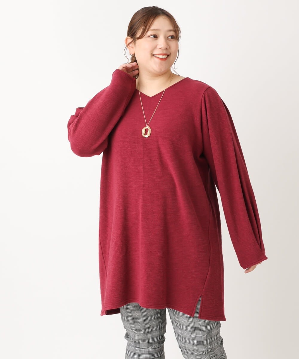 OLELS08079 eur3(エウルキューブ) 【大きいサイズ】Vネックジャージーチュニック レッド(05)