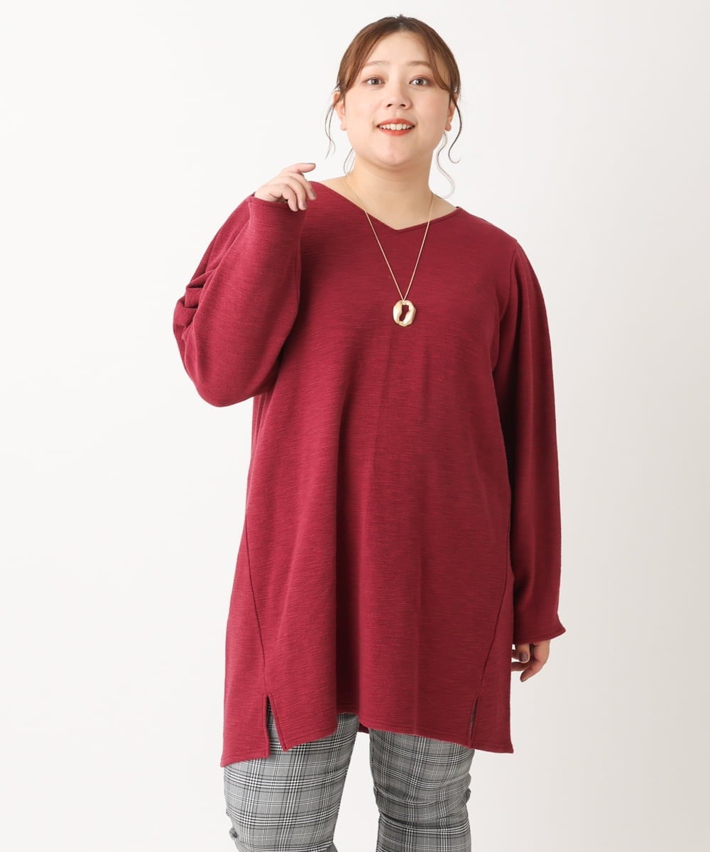 OLELS08079 eur3(エウルキューブ) 【大きいサイズ】Vネックジャージーチュニック レッド(05)