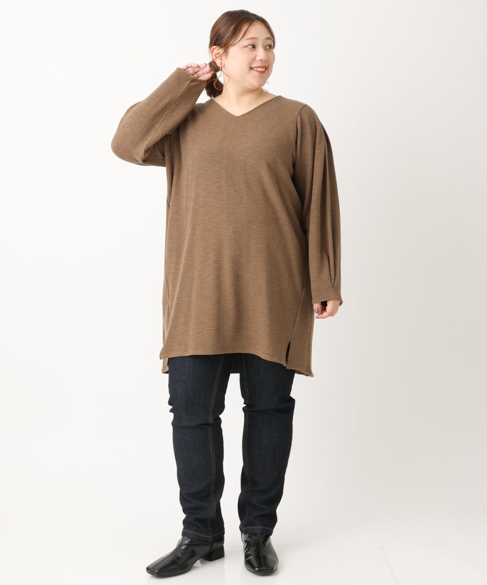 OLELS08079 eur3(エウルキューブ) 【大きいサイズ】Vネックジャージーチュニック モカ(84)
