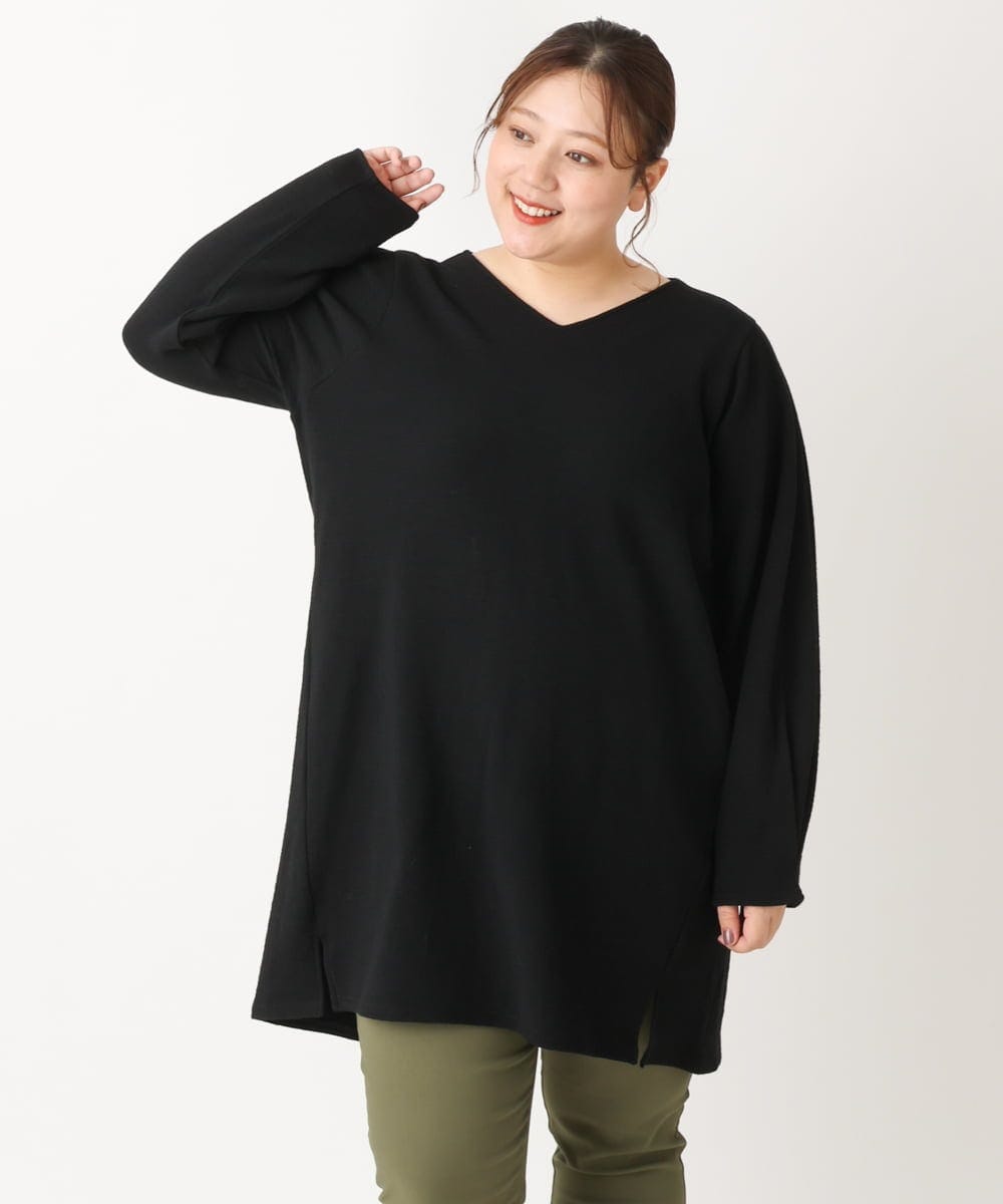 OLELS08079 eur3(エウルキューブ) 【大きいサイズ】Vネックジャージーチュニック ブラック(94)