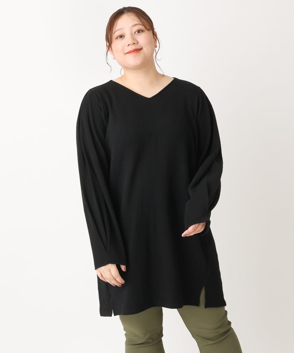 OLELS08079 eur3(エウルキューブ) 【大きいサイズ】Vネックジャージーチュニック ブラック(94)