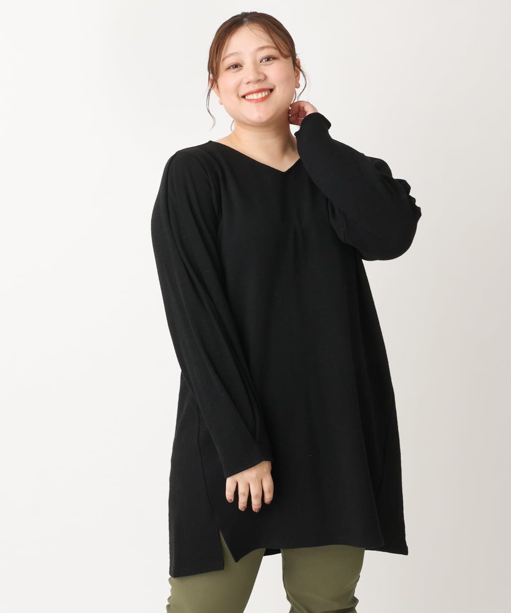 OLELS08079 eur3(エウルキューブ) 【大きいサイズ】Vネックジャージーチュニック ブラック(94)