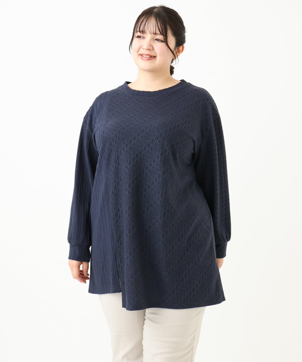 OLELV09089 eur3(エウルキューブ) 【大きいサイズ】ケーブルジャージーチュニック ネイビー(57)