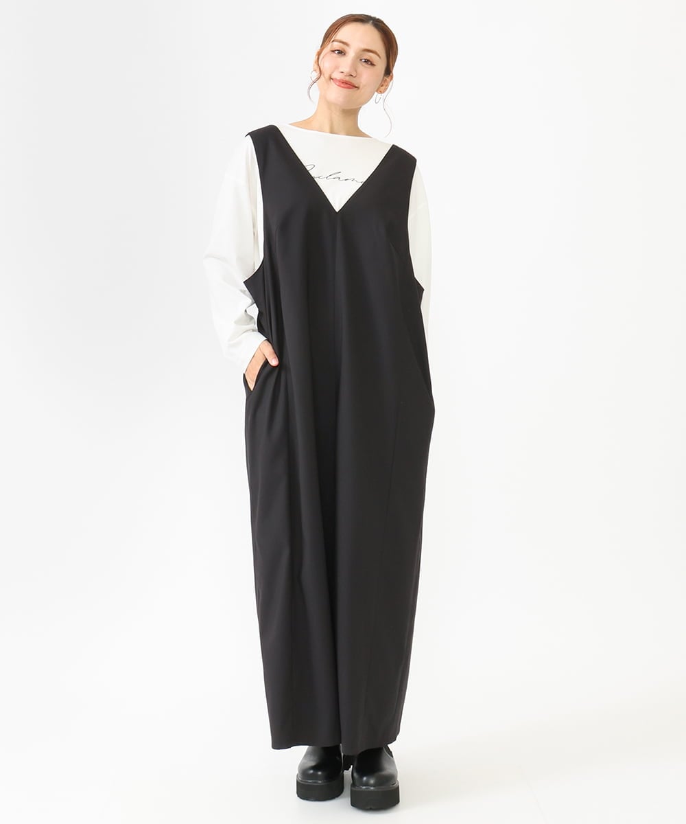 OLELV22139 eur3(エウルキューブ) 【雑誌掲載】【大きいサイズ】Vネックサロペット ブラック(94)