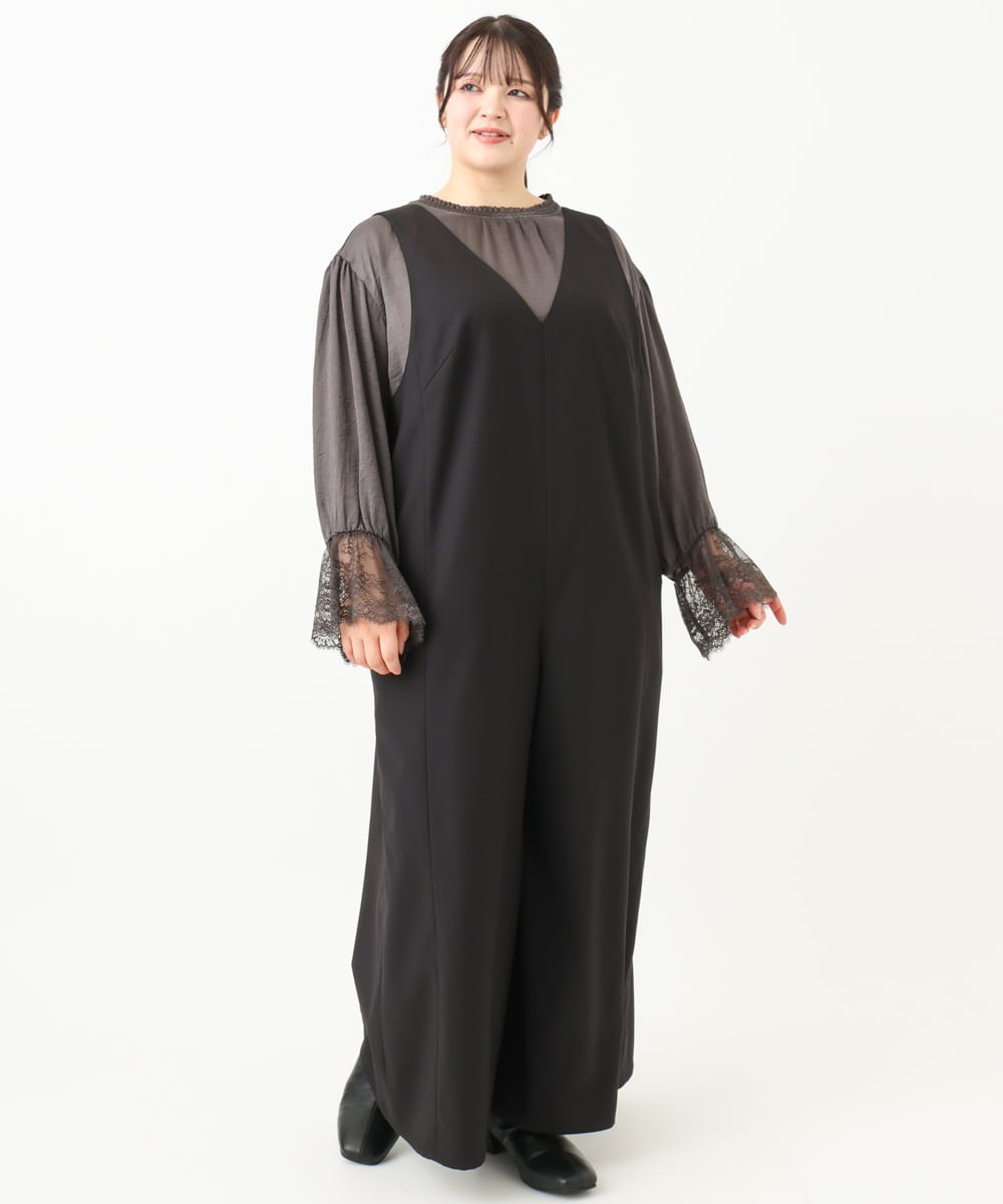 OLELV22139 eur3(エウルキューブ) 【雑誌掲載】【大きいサイズ】Vネックサロペット ブラック(94)