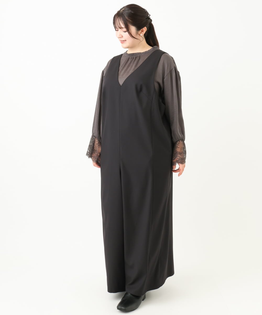 OLELV22139 eur3(エウルキューブ) 【雑誌掲載】【大きいサイズ】Vネックサロペット ブラック(94)