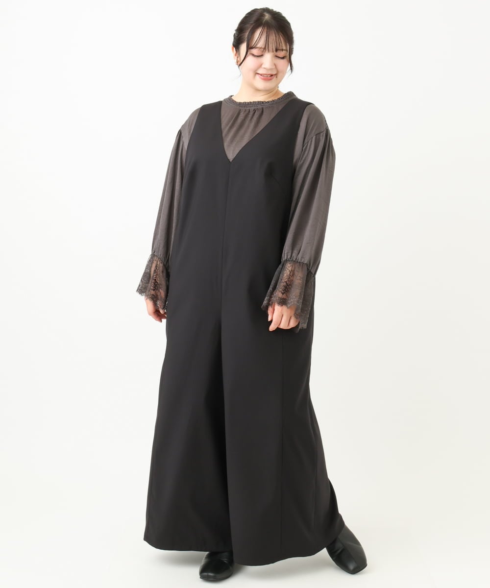 OLELV22139 eur3(エウルキューブ) 【雑誌掲載】【大きいサイズ】Vネックサロペット ブラック(94)