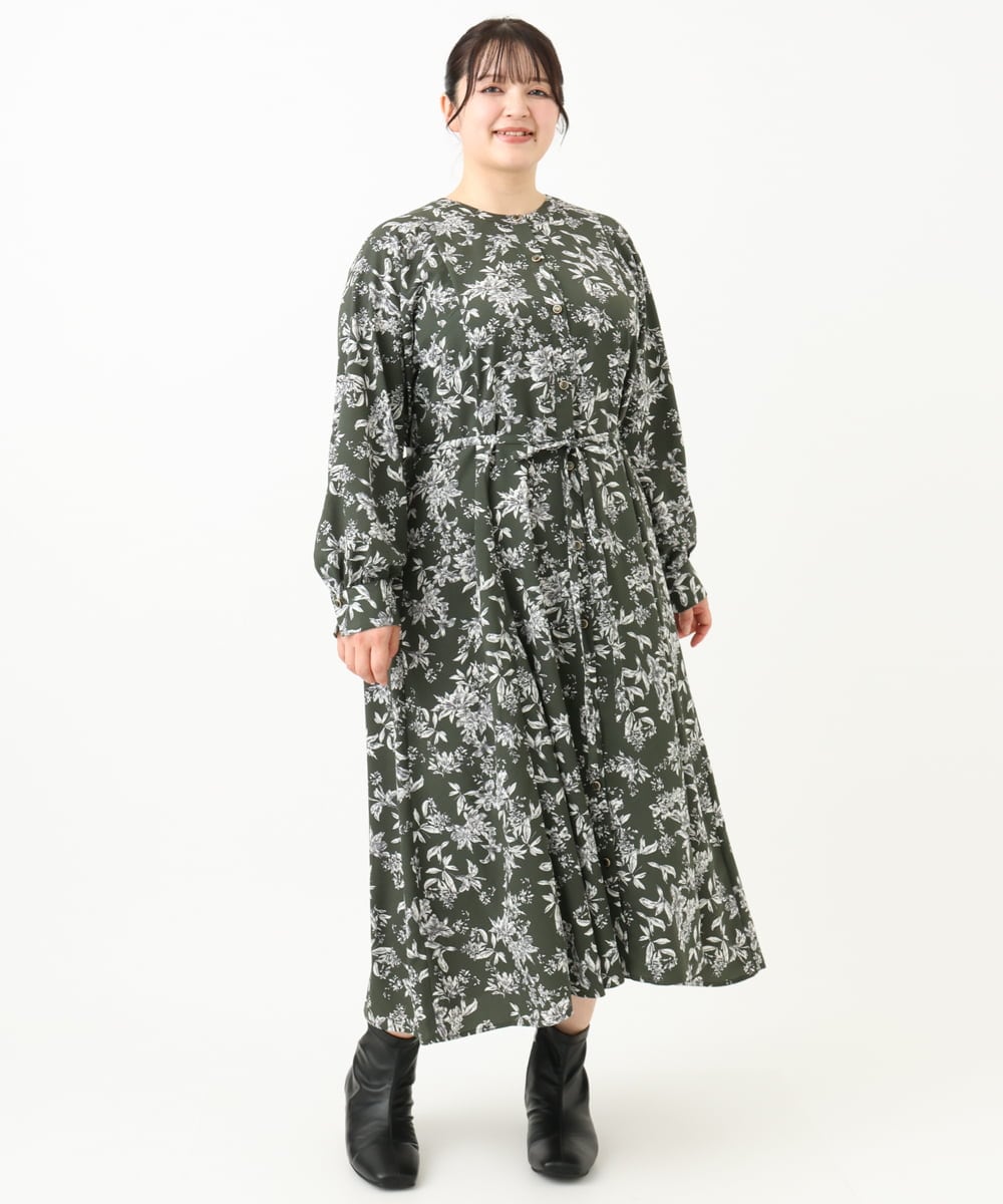 OLELV23139 eur3(エウルキューブ) 【雑誌掲載】【大きいサイズ】ボタニカルフラワープリントワンピース カーキ(36)