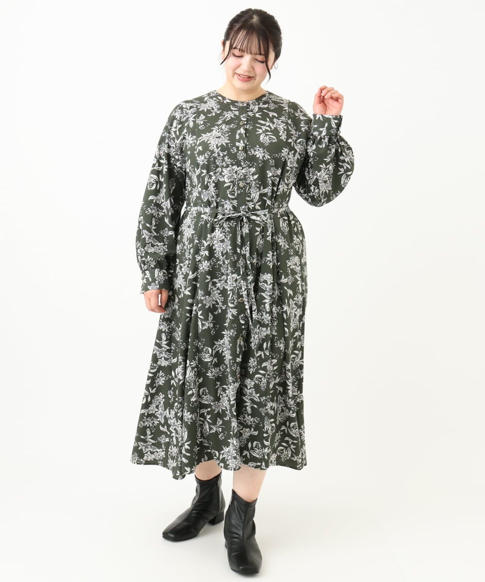 OLELV23139 eur3(エウルキューブ) 【雑誌掲載】【大きいサイズ】ボタニカルフラワープリントワンピース カーキ(36)