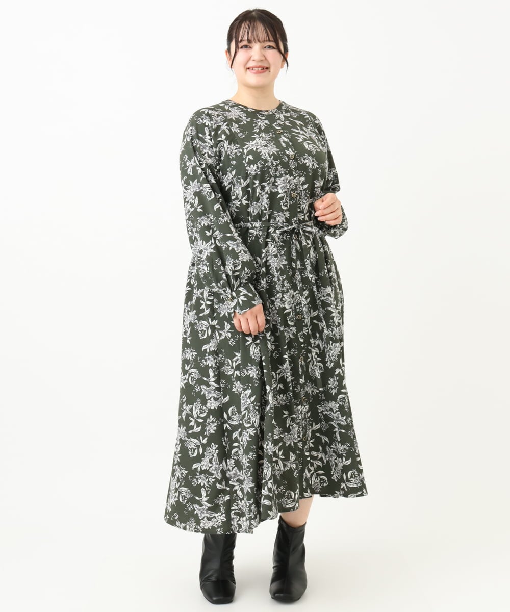 OLELV23139 eur3(エウルキューブ) 【雑誌掲載】【大きいサイズ】ボタニカルフラワープリントワンピース カーキ(36)