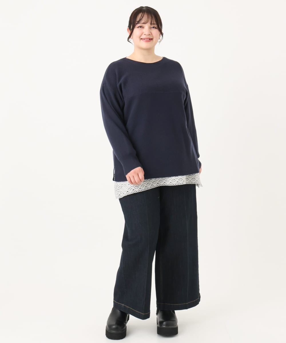 OLFAA01054 eur3(エウルキューブ) 【大きいサイズ】新色追加！ドロップショルダーカラーニット ネイビー(57)