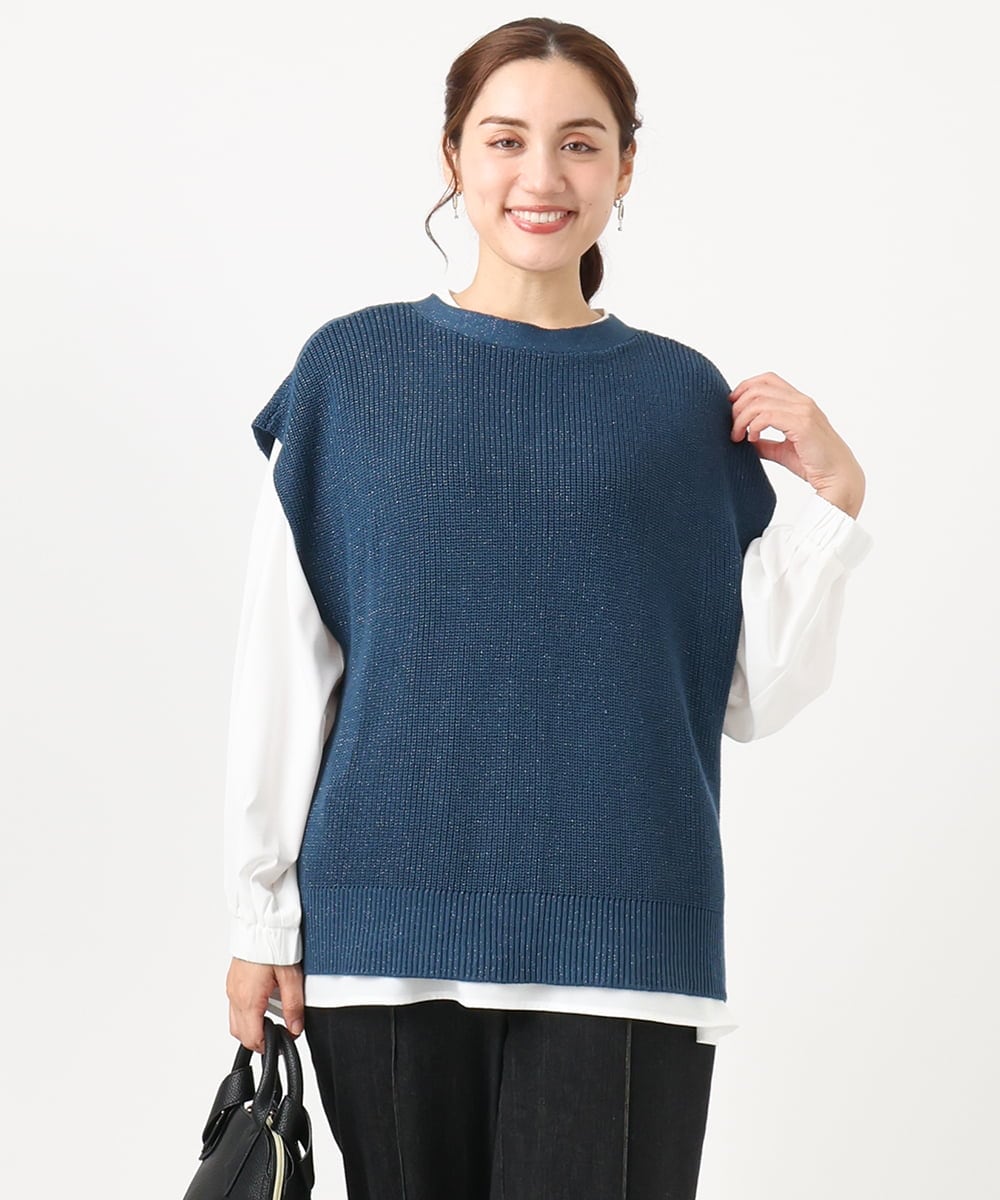 OLFAA13099 eur3(エウルキューブ) 【大きいサイズ/a.v.v×eur3】ラメニットベスト×ブラウスセット ブルー(55)