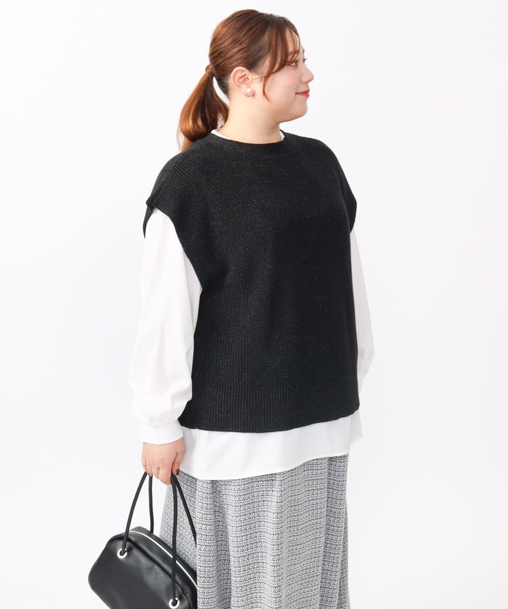 OLFAA13099 eur3(エウルキューブ) 【大きいサイズ/a.v.v×eur3】ラメニットベスト×ブラウスセット ブラック(94)