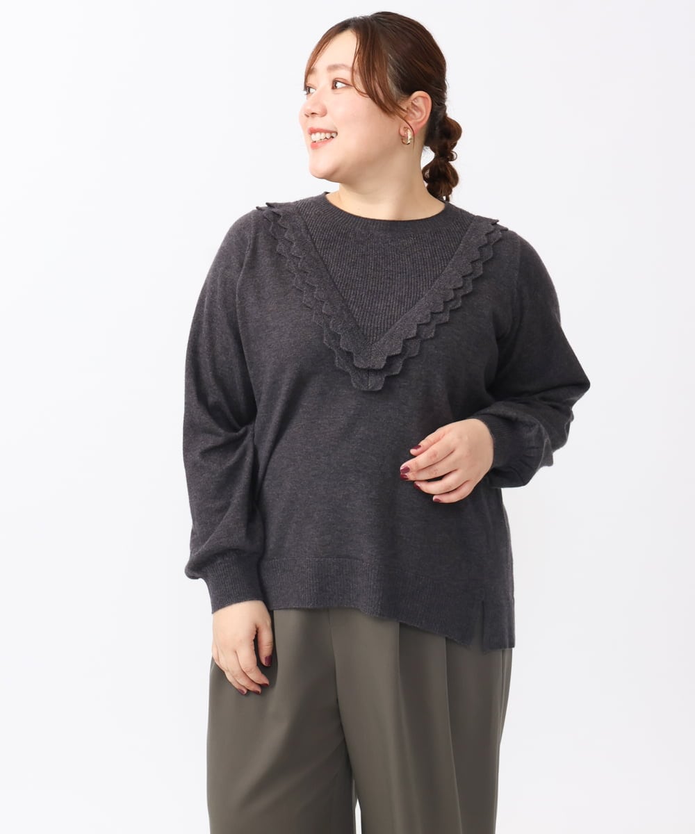 OLFAA17099 eur3(エウルキューブ) 【大きいサイズ】スカラップレースニット ダークグレー(93)