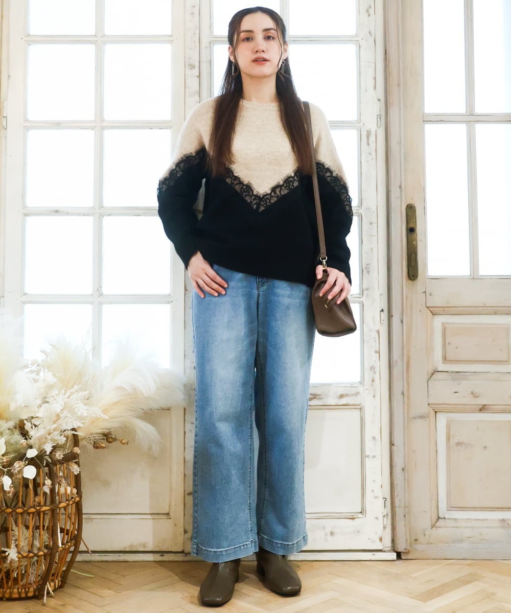 OLFAD21109 eur3(エウルキューブ) 【WEB先行販売】【大きいサイズ/LAVEANGE×eur3】レースバイカラーニット ベージュ(82)