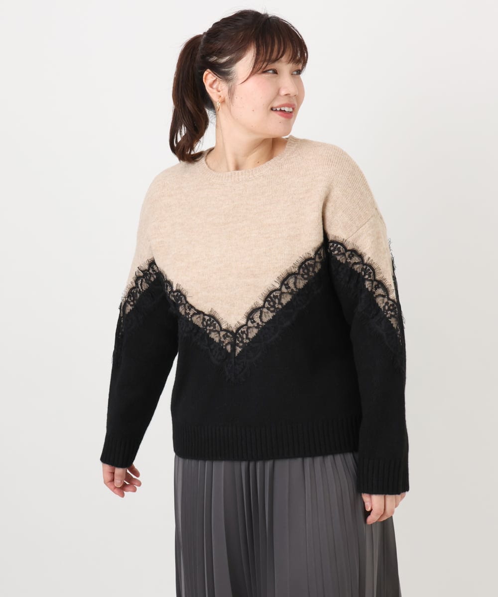 OLFAD21109 eur3(エウルキューブ) 【WEB先行販売】【大きいサイズ/LAVEANGE×eur3】レースバイカラーニット ベージュ(82)