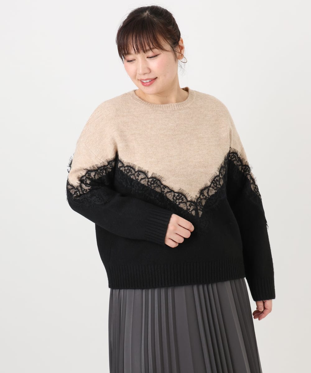 OLFAD21109 eur3(エウルキューブ) 【WEB先行販売】【大きいサイズ/LAVEANGE×eur3】レースバイカラーニット ベージュ(82)