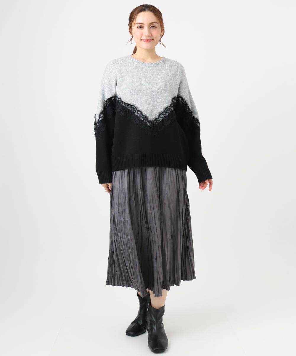 OLFAD21109 eur3(エウルキューブ) 【WEB先行販売】【大きいサイズ/LAVEANGE×eur3】レースバイカラーニット ライトグレー(91)