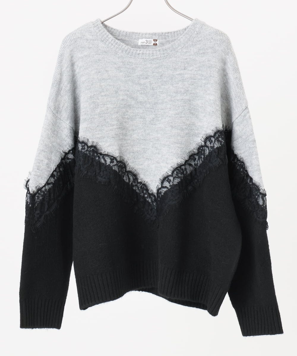 OLFAD21109 eur3(エウルキューブ) 【WEB先行販売】【大きいサイズ/LAVEANGE×eur3】レースバイカラーニット ライトグレー(91)