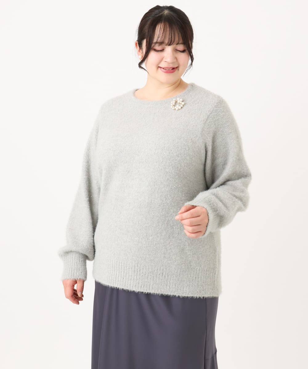 OLFBA10119 eur3(エウルキューブ) 【大きいサイズ】スパンコールシャギーニット ライトグレー(91)