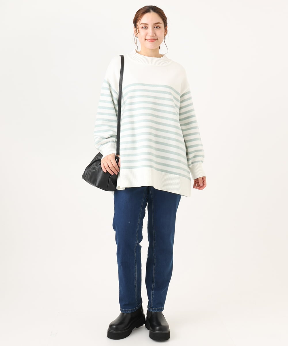 OLFBA20089 eur3(エウルキューブ) 【大きいサイズ】パネルボーダーサイドスリットニット ライトグリーン(30)
