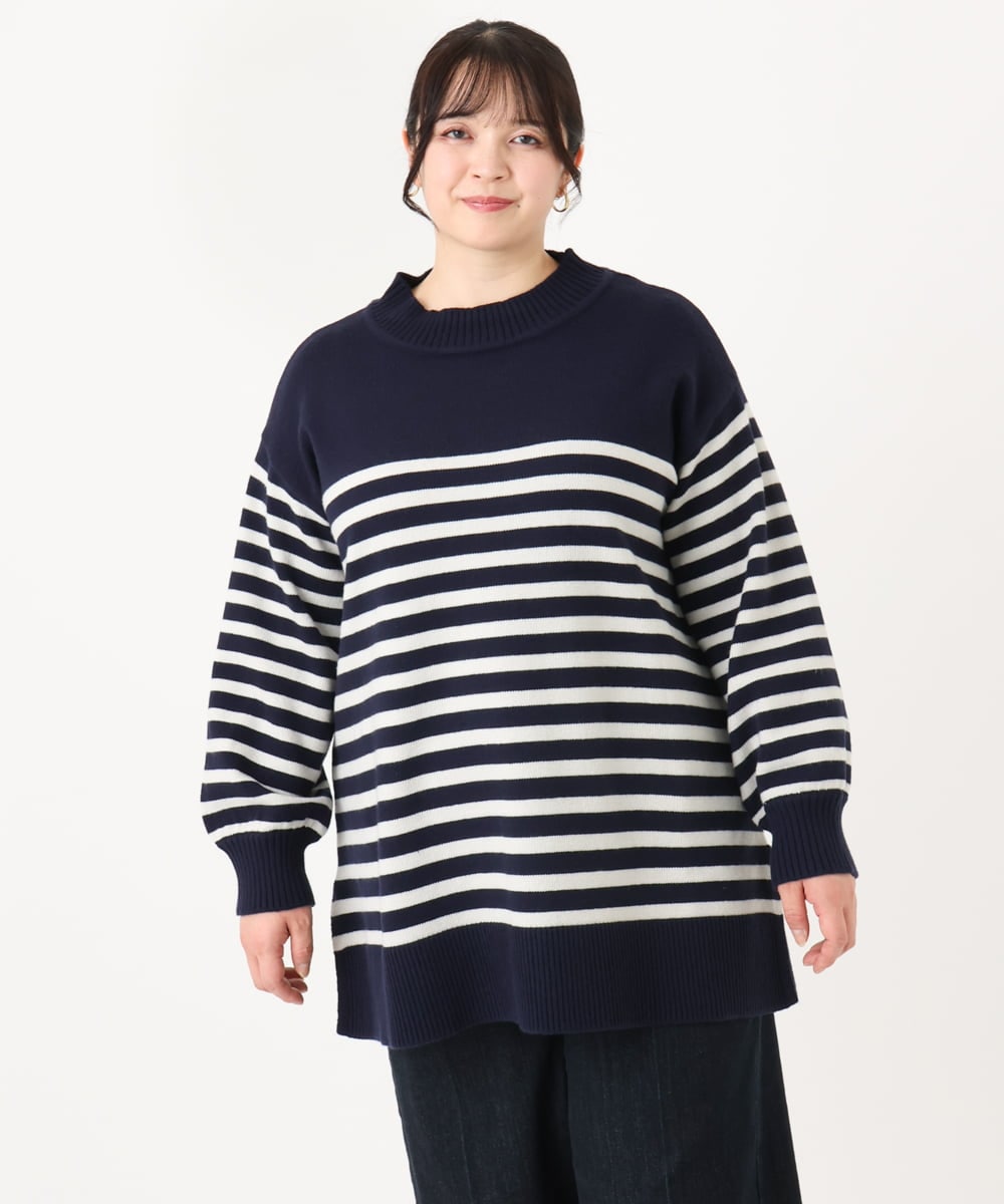 OLFBA20089 eur3(エウルキューブ) 【大きいサイズ】パネルボーダーサイドスリットニット ネイビー(57)