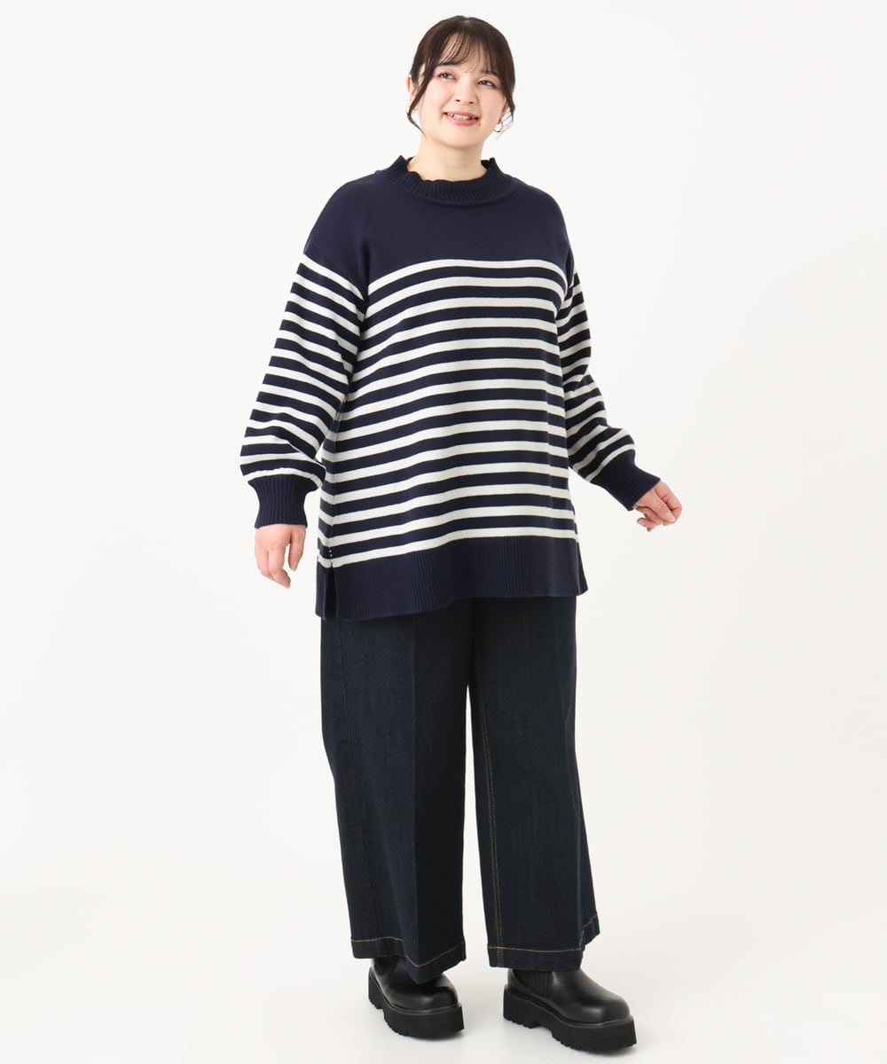 OLFBA20089 eur3(エウルキューブ) 【大きいサイズ】パネルボーダーサイドスリットニット ネイビー(57)