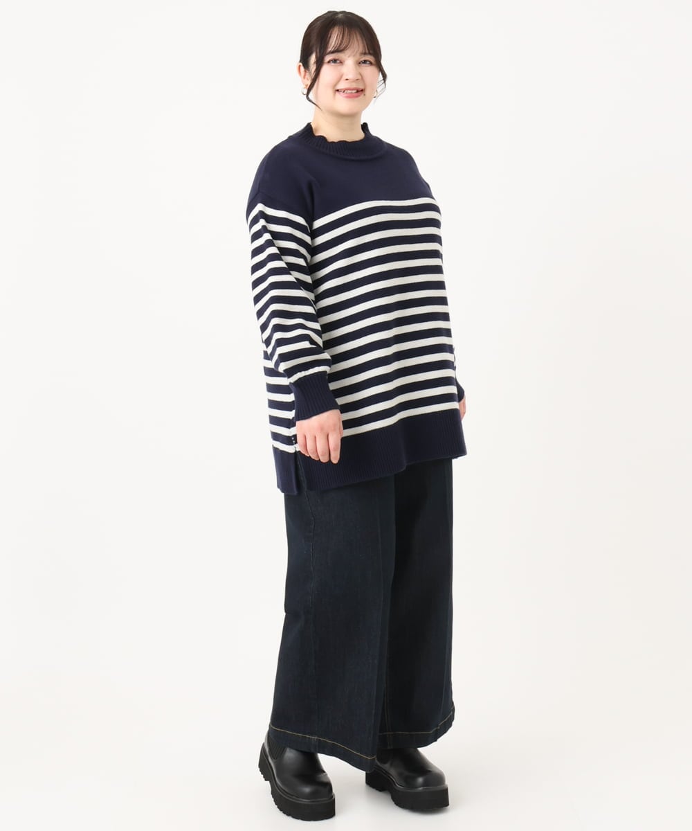 OLFBA20089 eur3(エウルキューブ) 【大きいサイズ】パネルボーダーサイドスリットニット ネイビー(57)