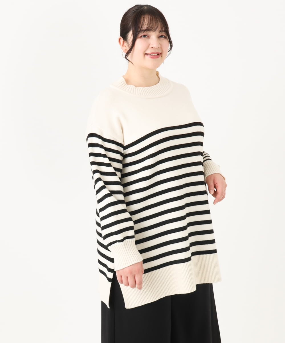 OLFBA20089 eur3(エウルキューブ) 【大きいサイズ】パネルボーダーサイドスリットニット ブラック(94)