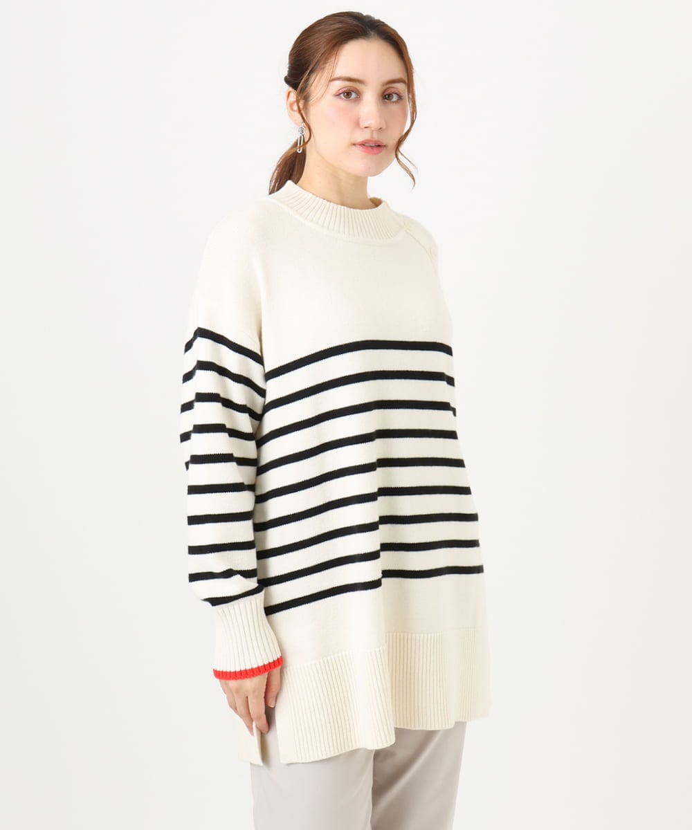 OLFBD16089 eur3(エウルキューブ) 【WEB先行販売】【大きいサイズ】パネルボーダー配色ラインニット アイボリー(80)