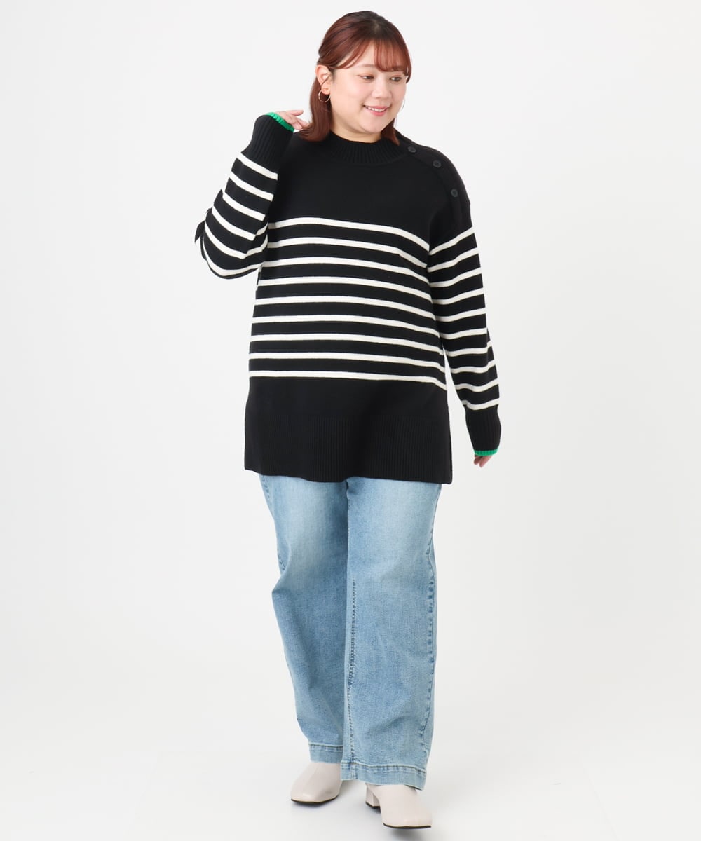 OLFBD16089 eur3(エウルキューブ) 【WEB先行販売】【大きいサイズ】パネルボーダー配色ラインニット ブラック(94)