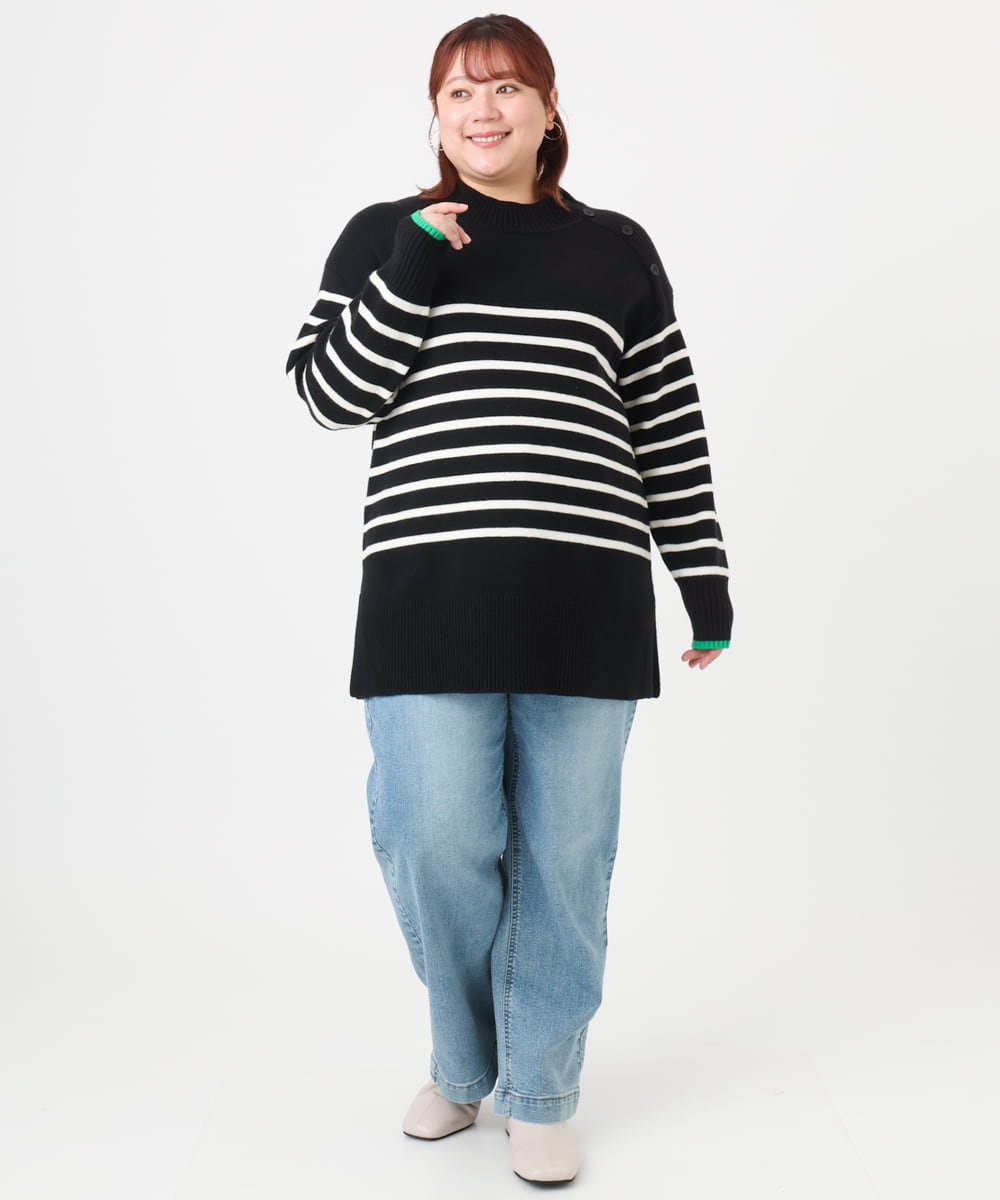 OLFBD16089 eur3(エウルキューブ) 【WEB先行販売】【大きいサイズ】パネルボーダー配色ラインニット ブラック(94)