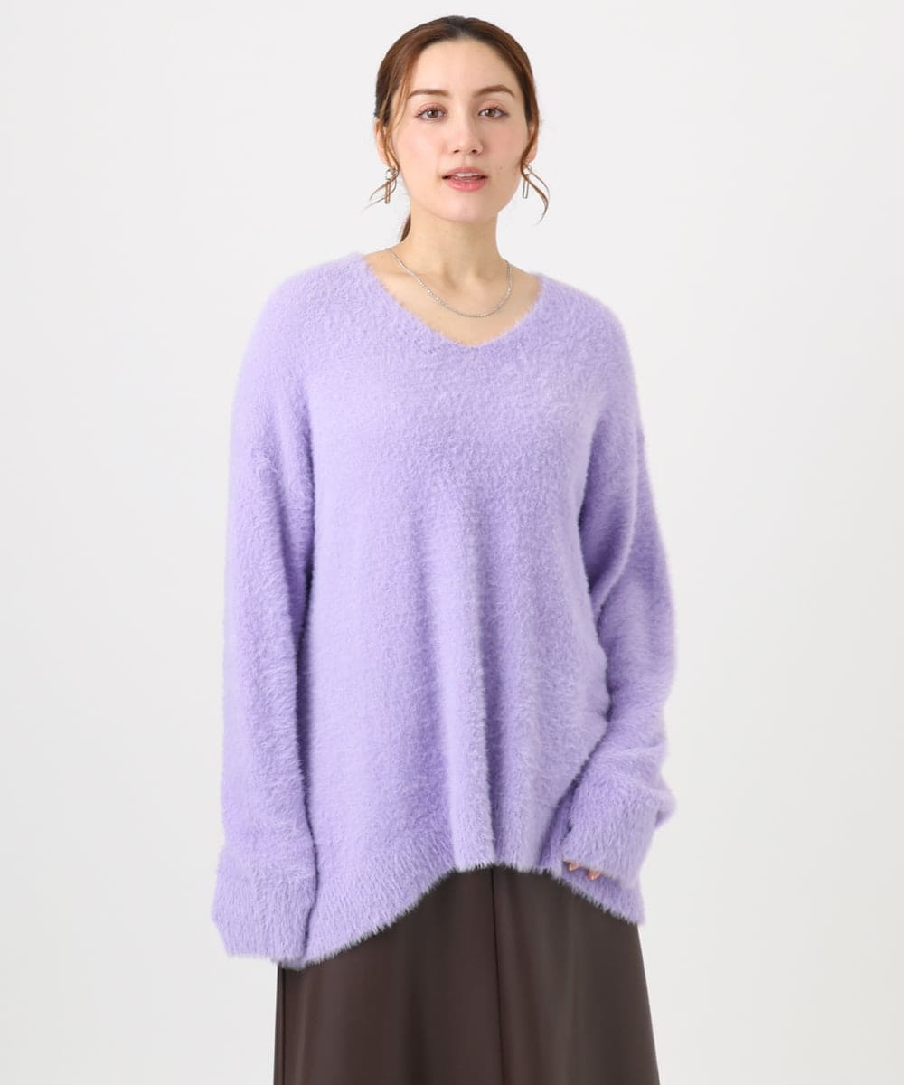 OLFBD19069 eur3(エウルキューブ) 【WEB先行販売】【大きいサイズ/a.v.v×eur3】フェザーヤーンVネックニット ラベンダー(60)