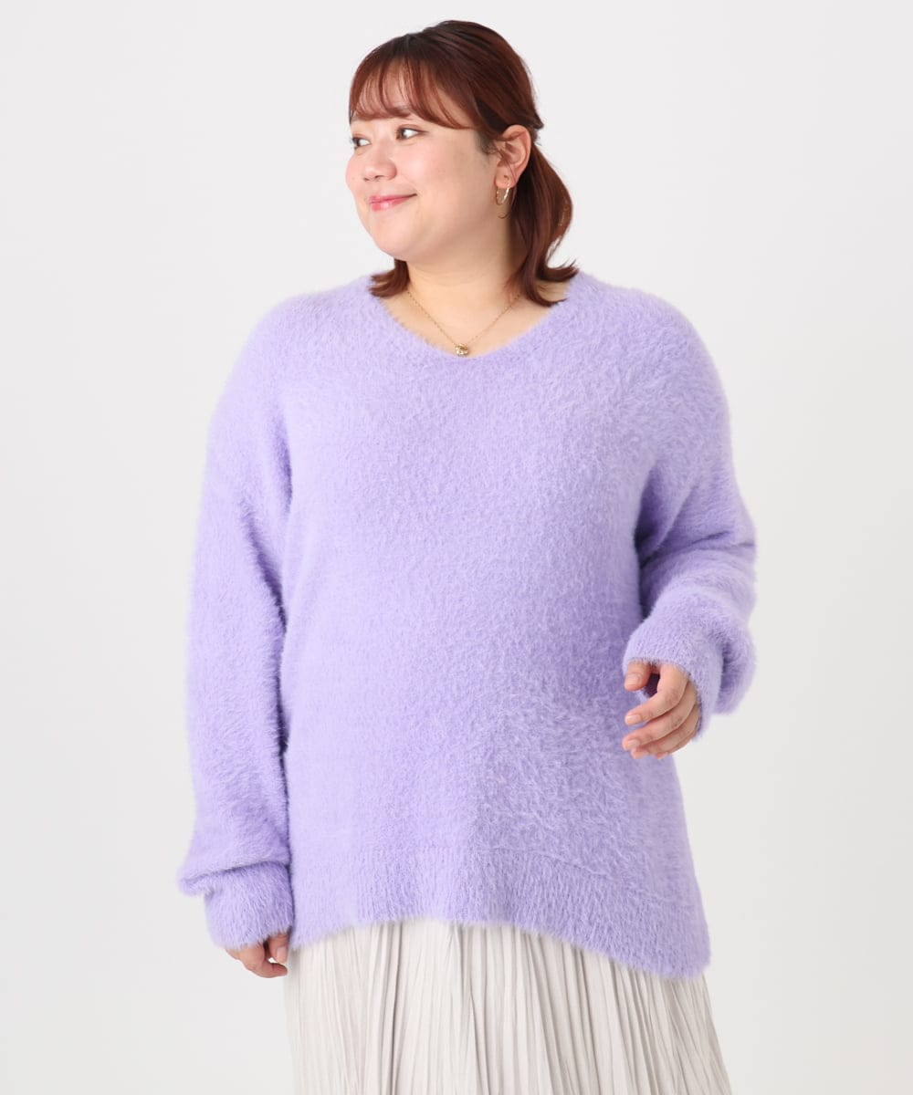 OLFBD19069 eur3(エウルキューブ) 【WEB先行販売】【大きいサイズ/a.v.v×eur3】フェザーヤーンVネックニット ラベンダー(60)