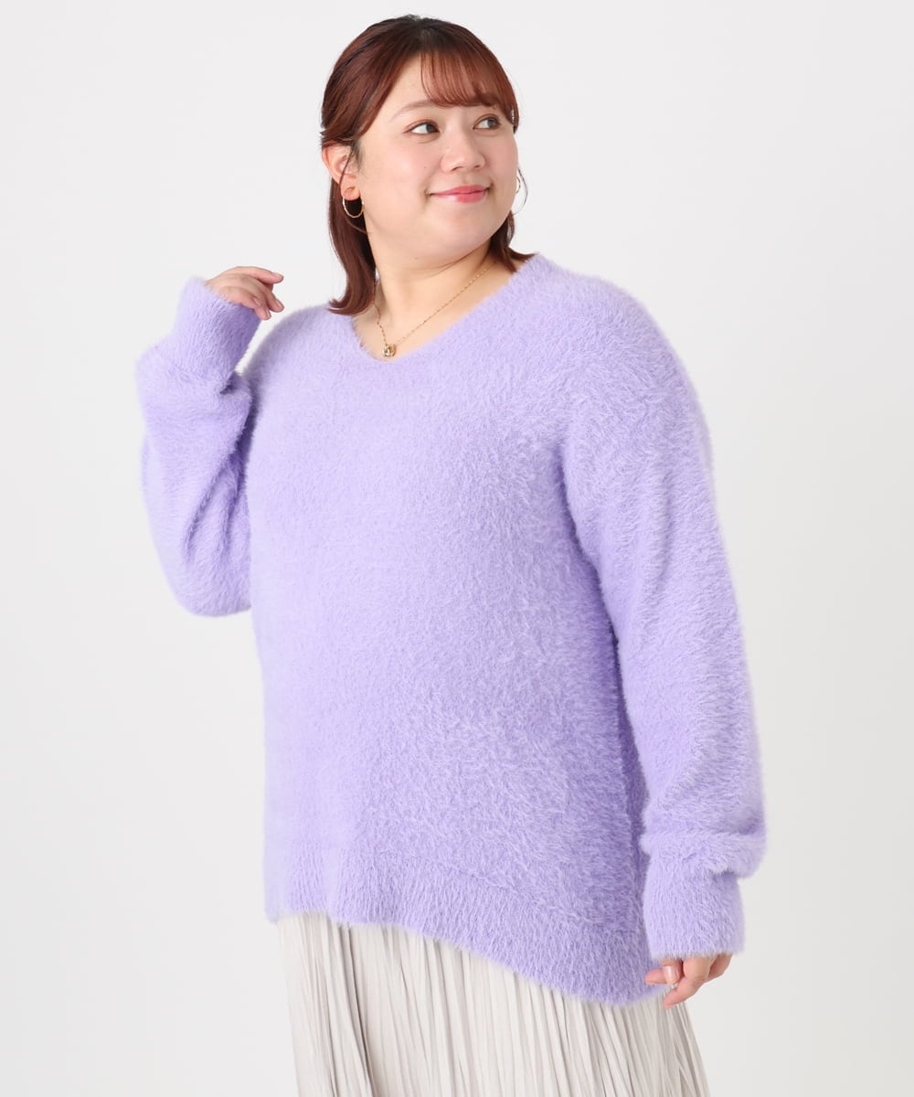 OLFBD19069 eur3(エウルキューブ) 【WEB先行販売】【大きいサイズ/a.v.v×eur3】フェザーヤーンVネックニット ラベンダー(60)