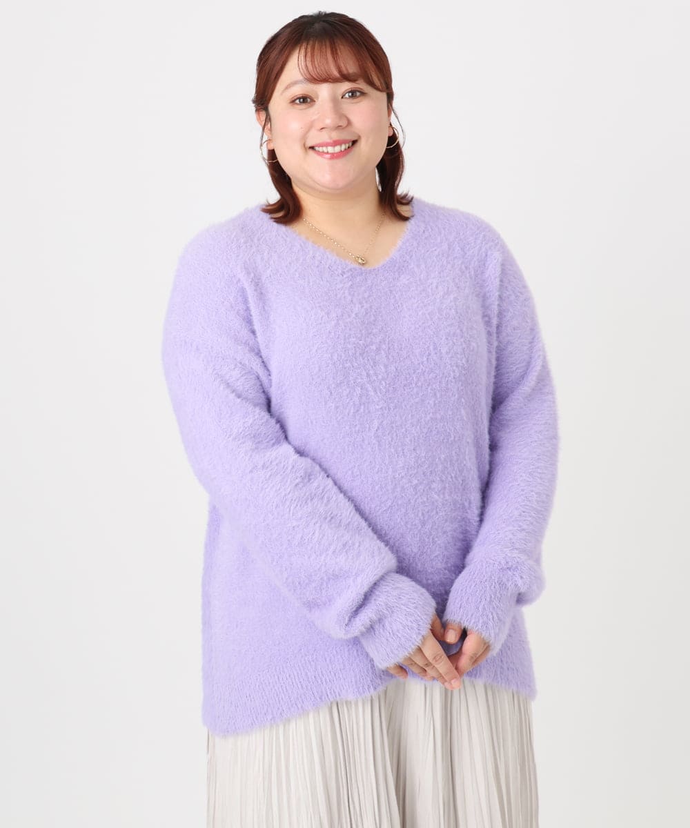 OLFBD19069 eur3(エウルキューブ) 【WEB先行販売】【大きいサイズ/a.v.v×eur3】フェザーヤーンVネックニット ラベンダー(60)