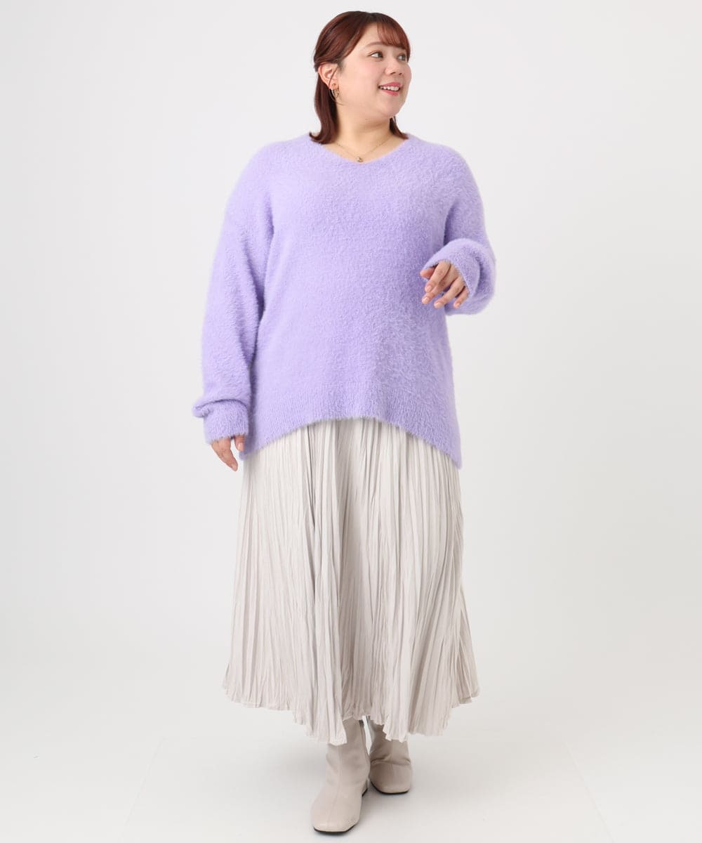 OLFBD19069 eur3(エウルキューブ) 【WEB先行販売】【大きいサイズ/a.v.v×eur3】フェザーヤーンVネックニット ラベンダー(60)