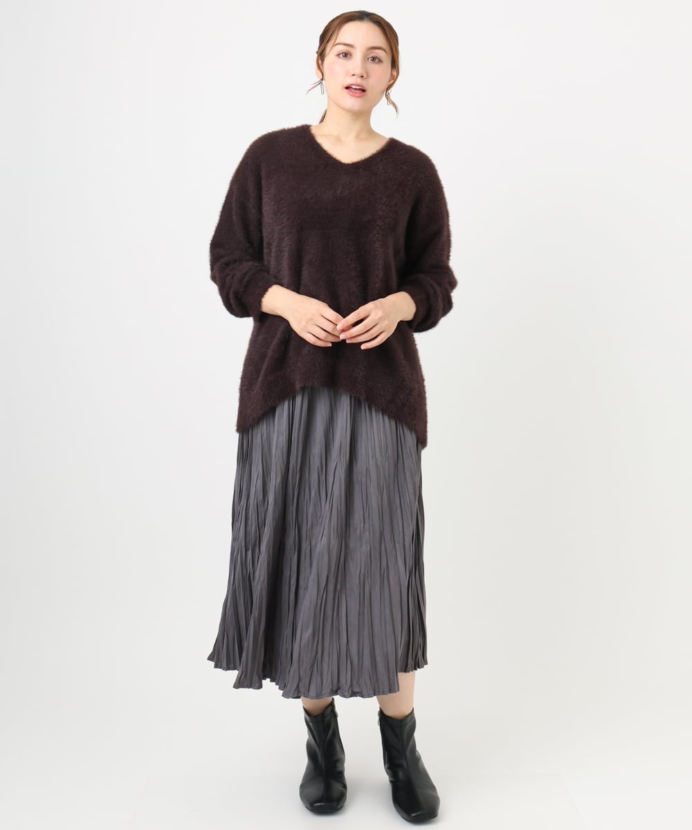 OLFBD19069 eur3(エウルキューブ) 【WEB先行販売】【大きいサイズ/a.v.v×eur3】フェザーヤーンVネックニット ダークブラウン(87)